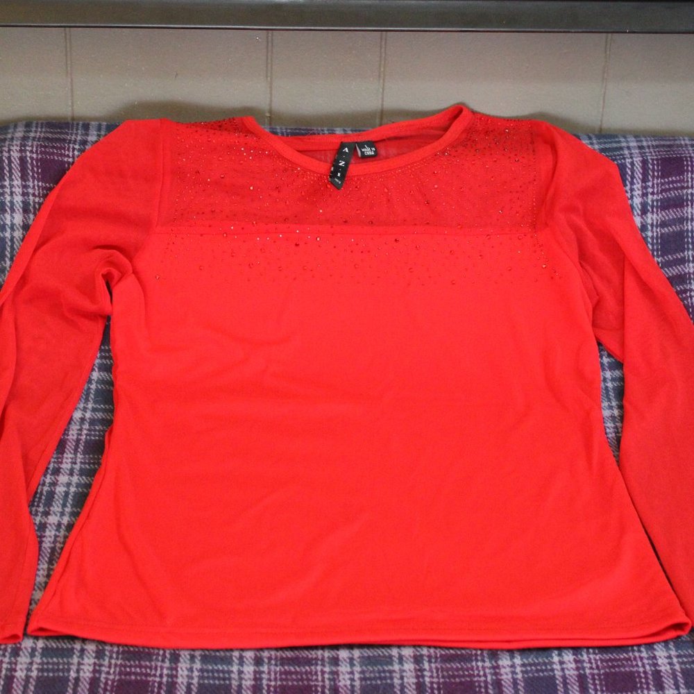 Azi Jeans Red Sparkle Shear Sleeves Blouse Size L